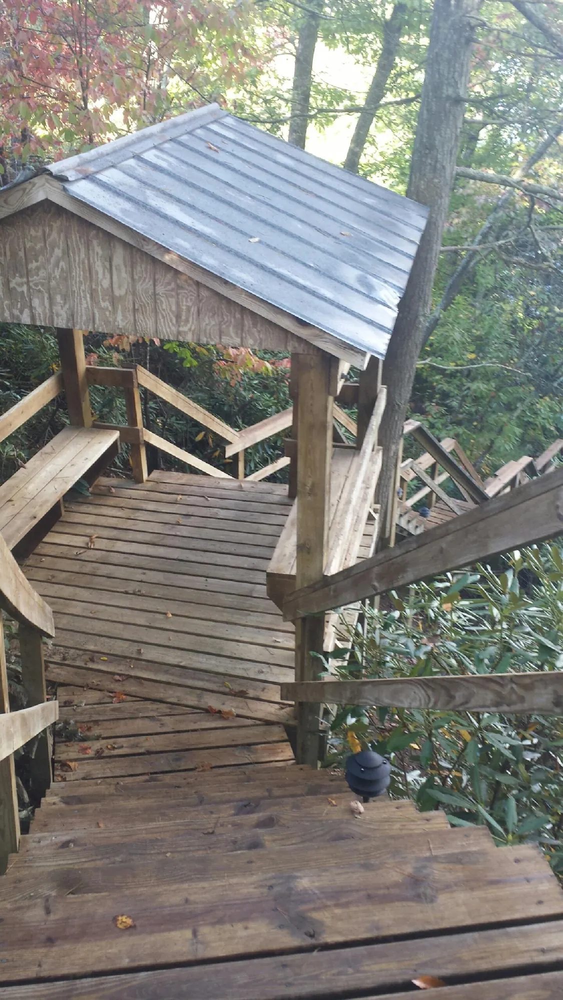 Metal roofed shelter over wooden steps on a wooded walkway — Skylight Repair & Installation work by our crew in Daykin